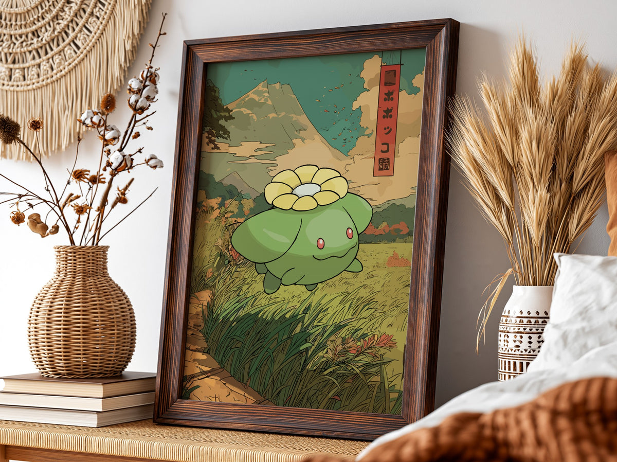 Poster wall decor featuring Skiploom in green with Japanese style, mountain background, and earthy tones