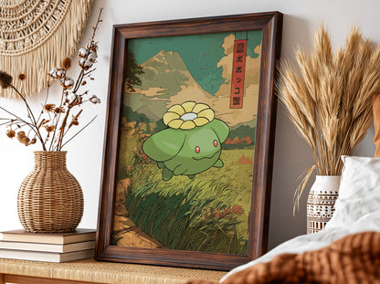 Poster wall decor featuring Skiploom in green with Japanese style, mountain background, and earthy tones