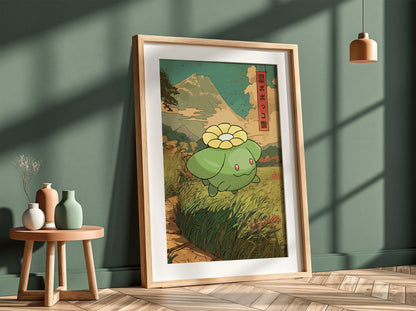Poster wall decor featuring Skiploom in green with Japanese style, mountain background, and earthy tones