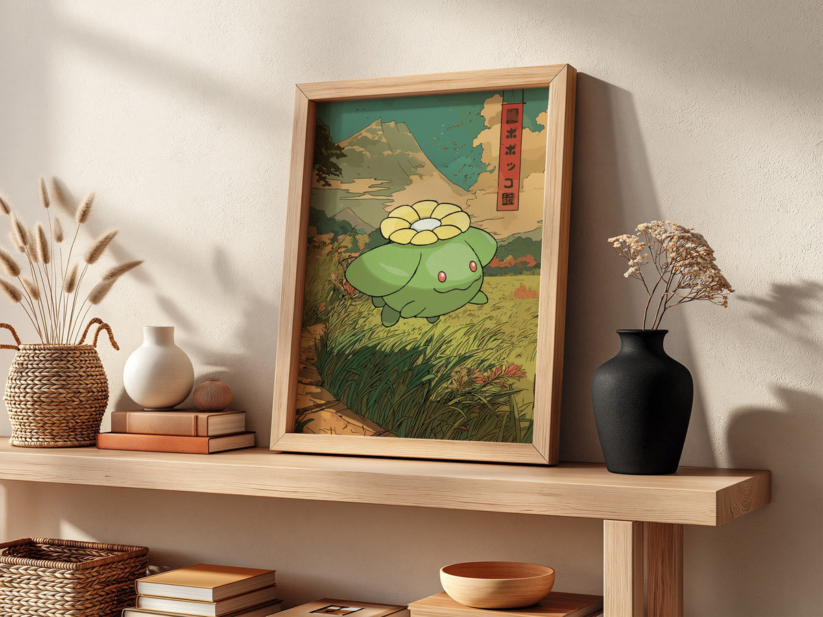 Poster wall decor featuring Skiploom in green with Japanese style, mountain background, and earthy tones