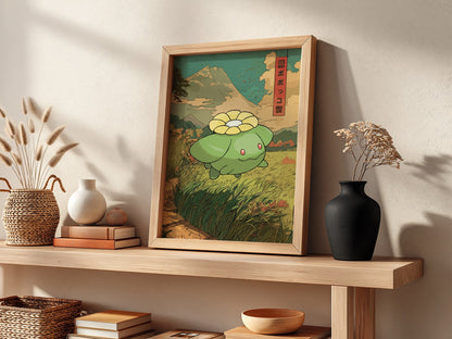 Poster wall decor featuring Skiploom in green with Japanese style, mountain background, and earthy tones