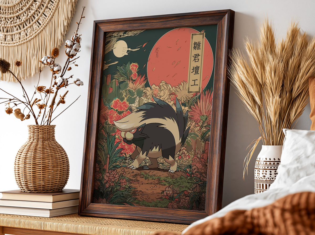 Poster of Skuntank in Japanese style with red moon and natural floral background