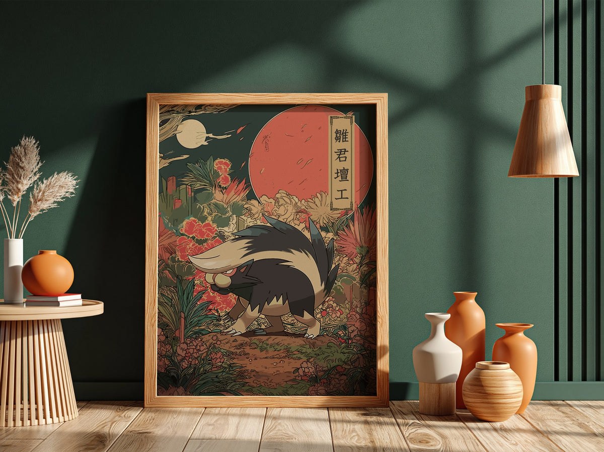 Poster of Skuntank in Japanese style with red moon and natural floral background