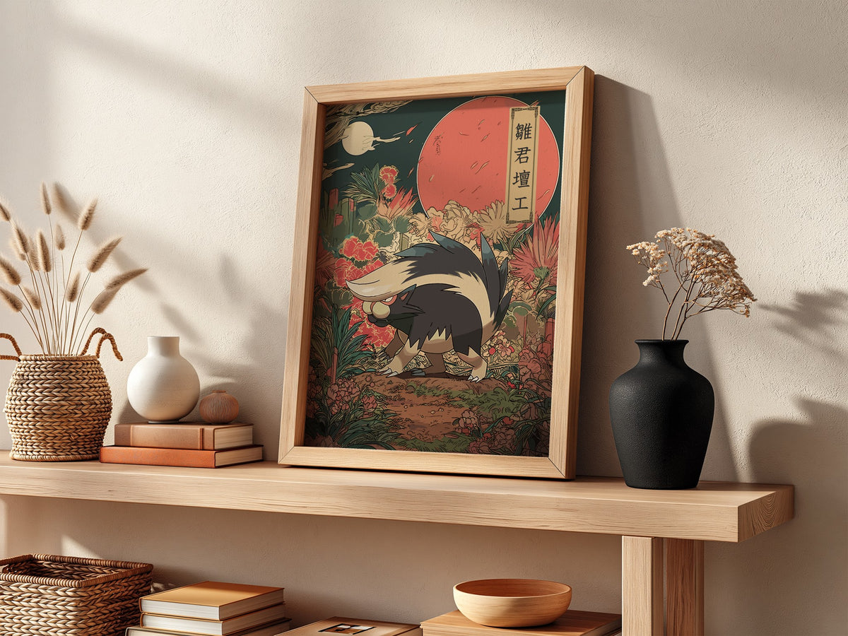 Poster of Skuntank in Japanese style with red moon and natural floral background