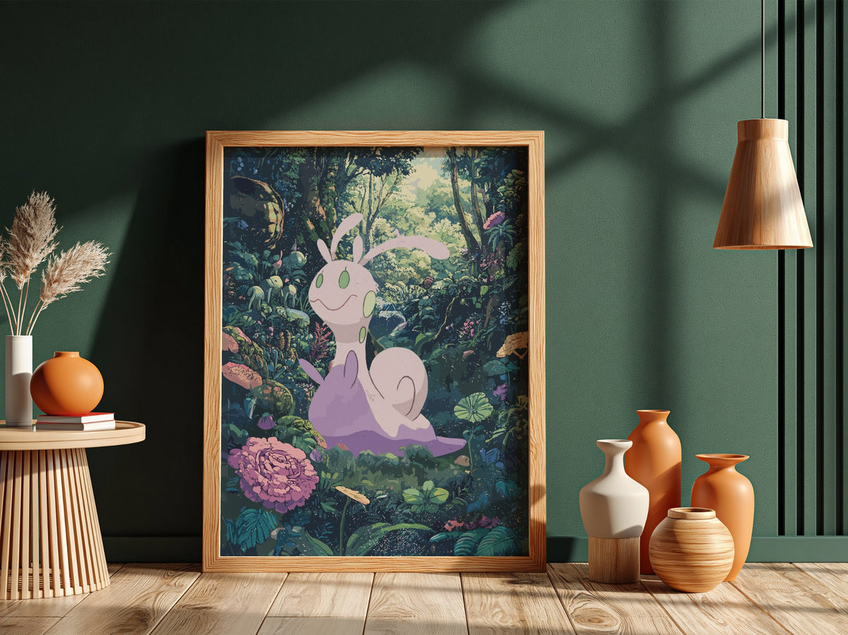 Poster featuring Sliggoo character in lush green forest with purple tones in fantasy style