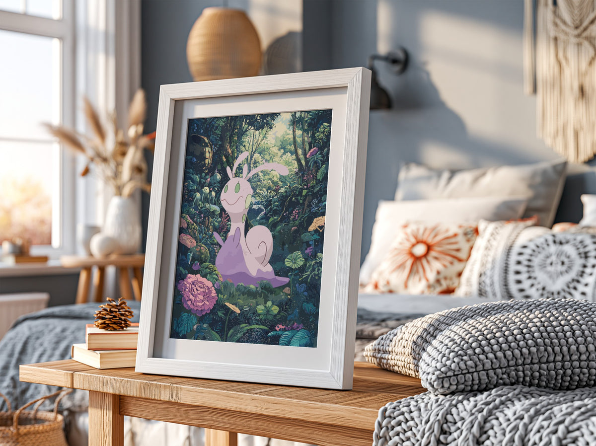 Poster featuring Sliggoo character in lush green forest with purple tones in fantasy style