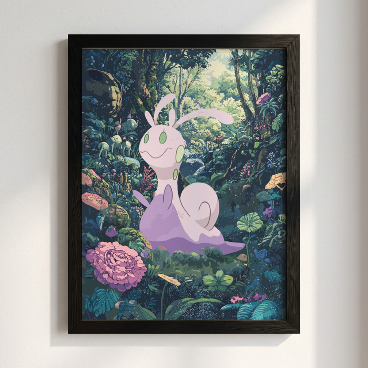 Poster featuring Sliggoo character in lush green forest with purple tones in fantasy style