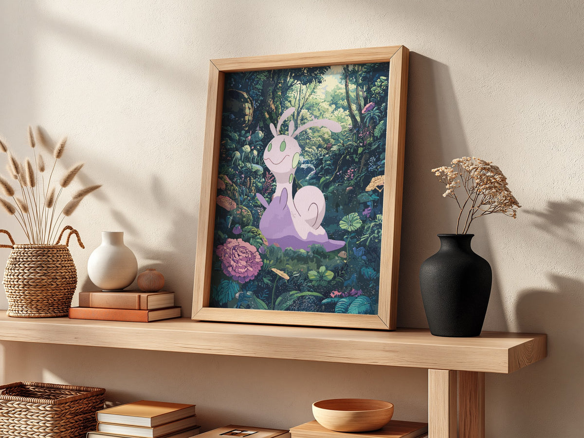 Poster featuring Sliggoo character in lush green forest with purple tones in fantasy style