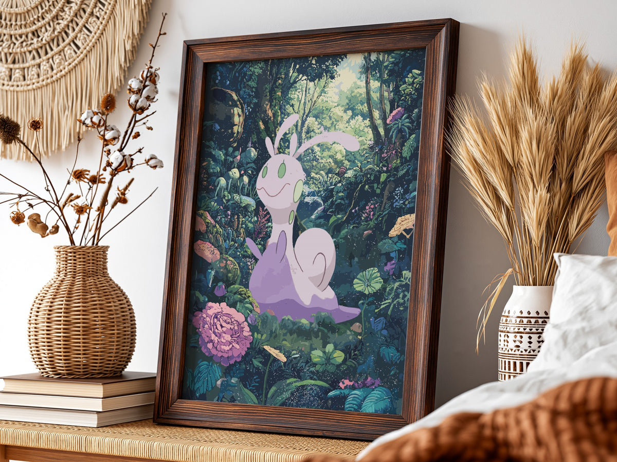 Poster featuring Sliggoo character in lush green forest with purple tones in fantasy style