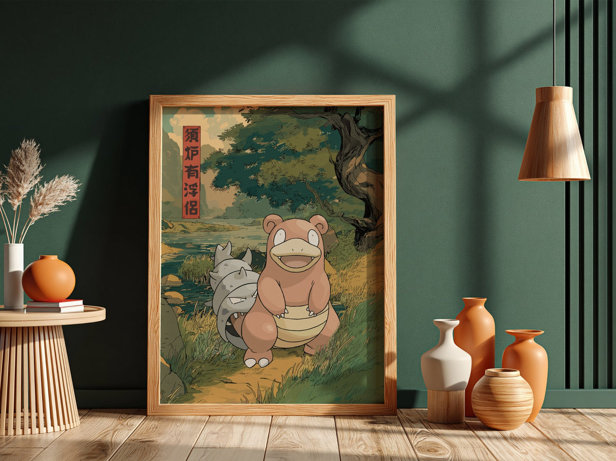 Slowbro poster with muted earth tones, Japanese style, forest path, large tree, and traditional characters