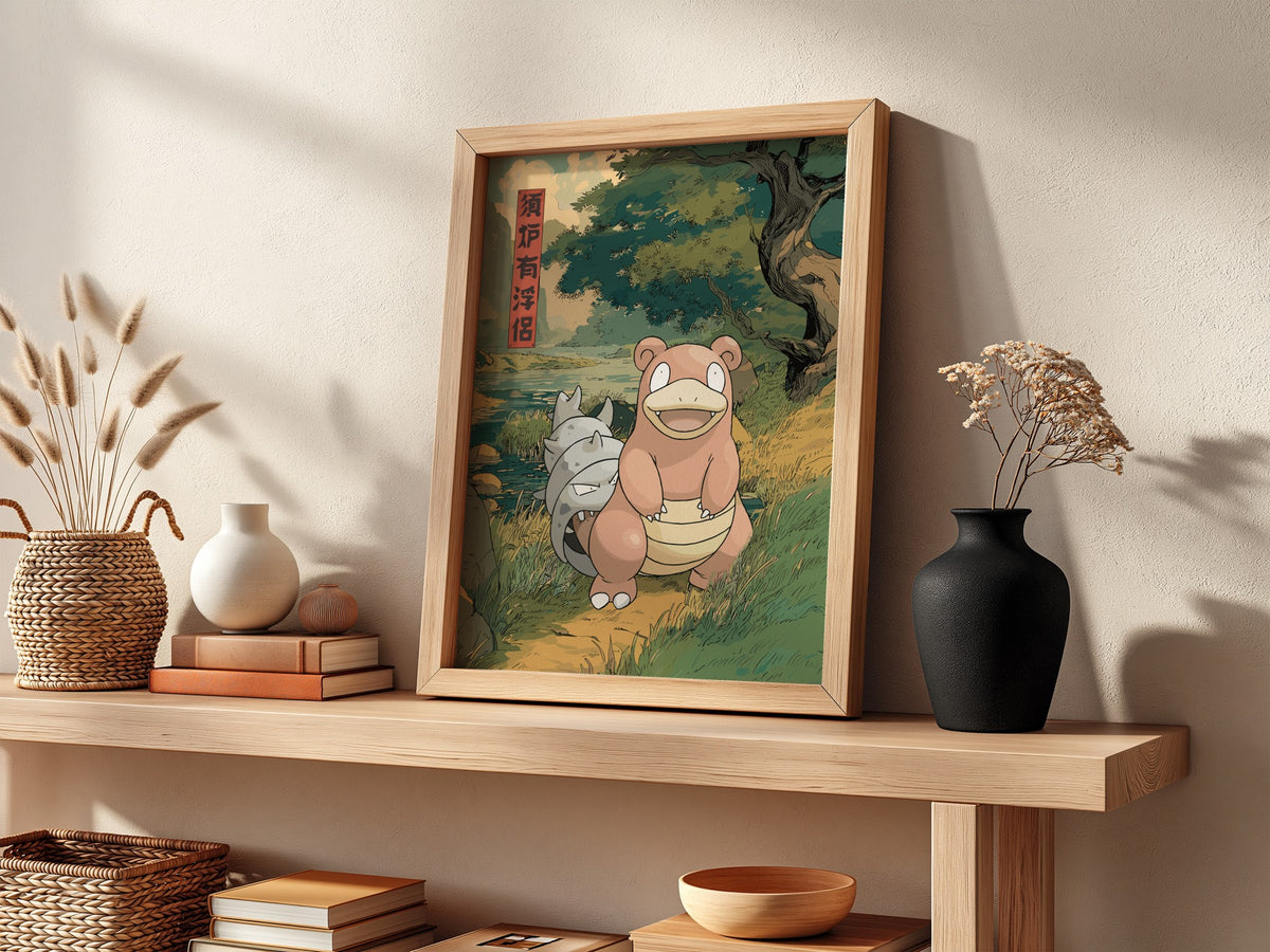 Slowbro poster with muted earth tones, Japanese style, forest path, large tree, and traditional characters
