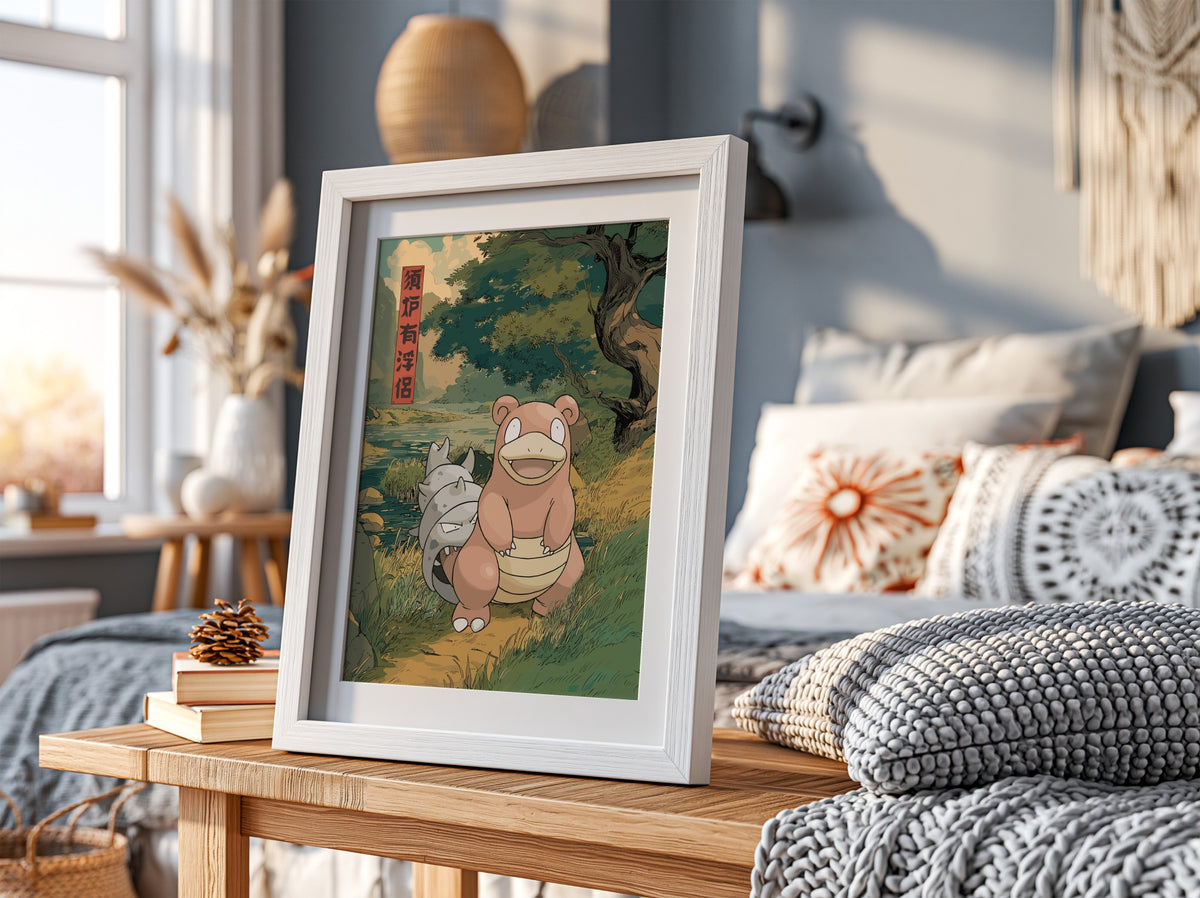 Slowbro poster with muted earth tones, Japanese style, forest path, large tree, and traditional characters