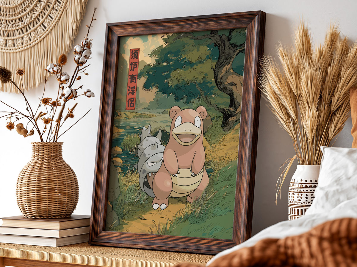 Slowbro poster with muted earth tones, Japanese style, forest path, large tree, and traditional characters