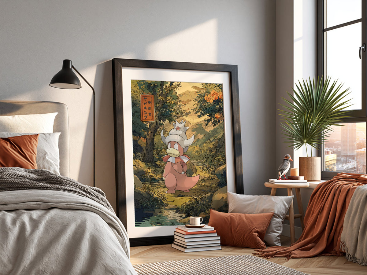 Slowking illustration poster with warm earthy tones and lush greenery in Japanese art style