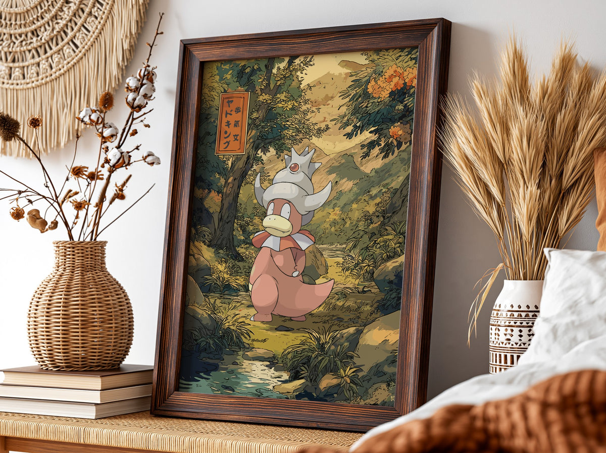 Slowking illustration poster with warm earthy tones and lush greenery in Japanese art style
