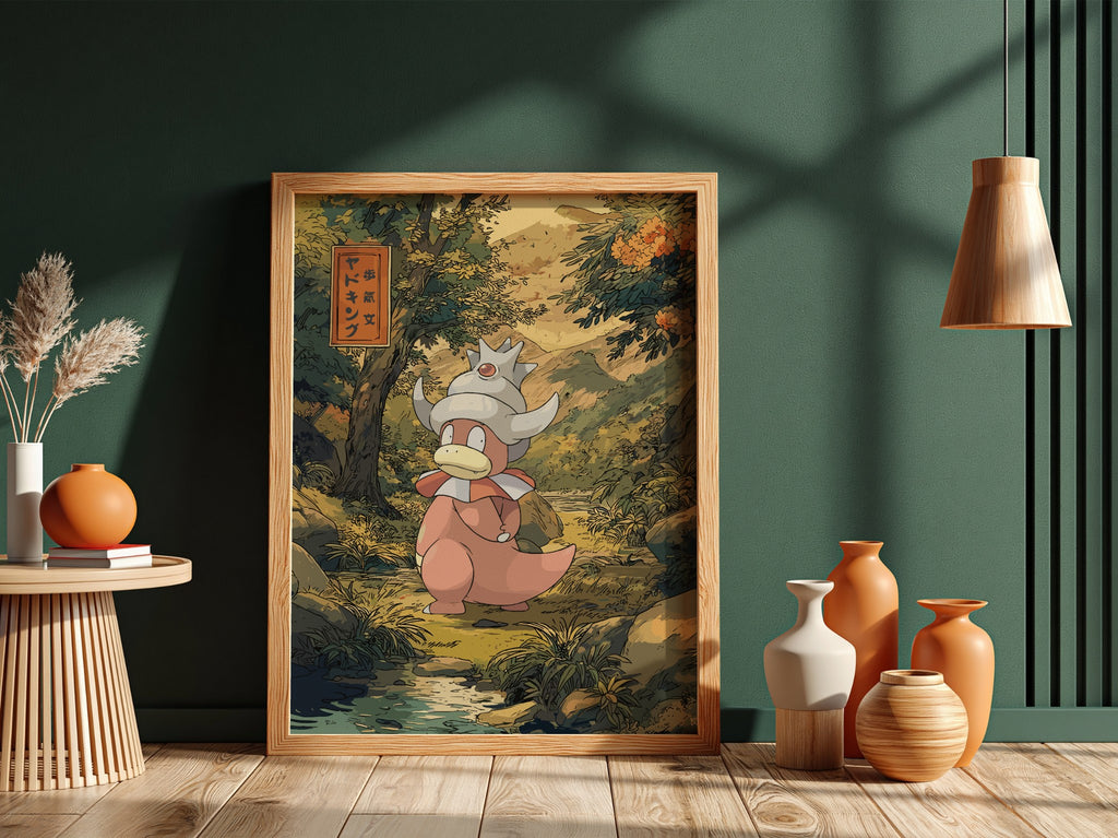 Slowking illustration poster with warm earthy tones and lush greenery in Japanese art style