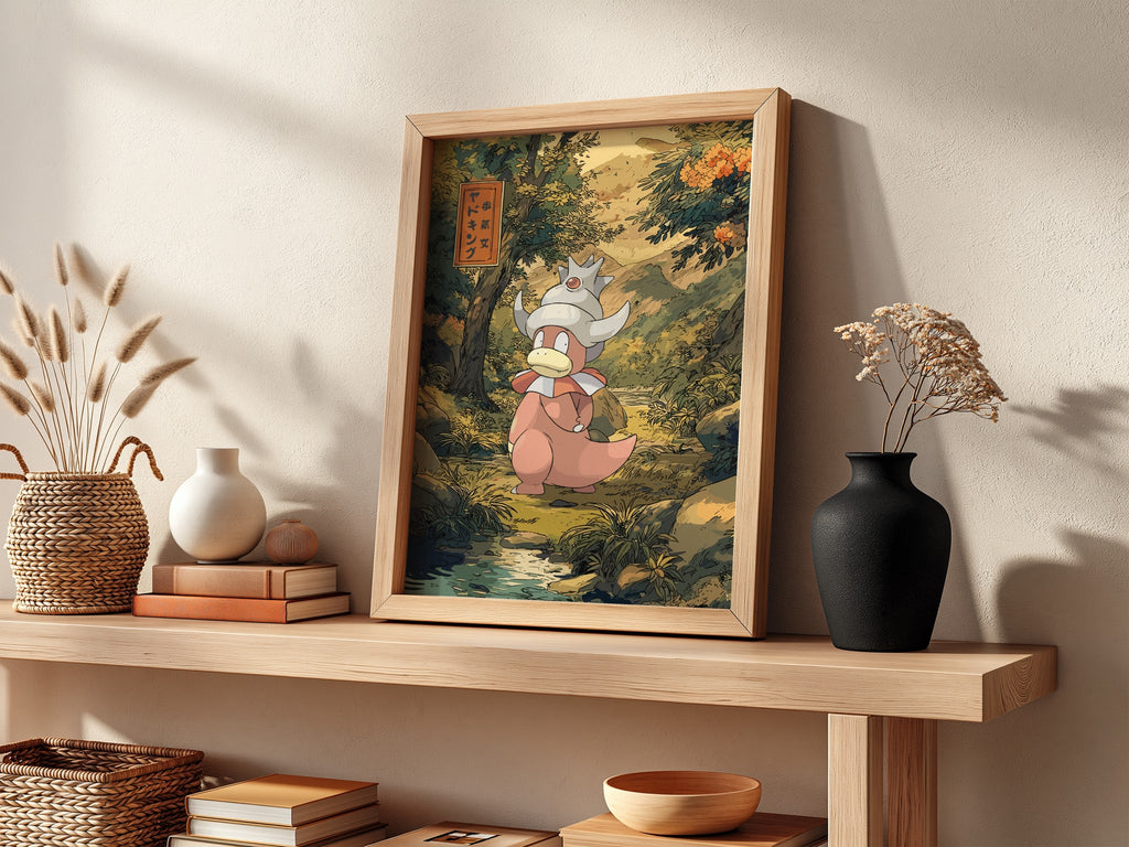 Slowking illustration poster with warm earthy tones and lush greenery in Japanese art style