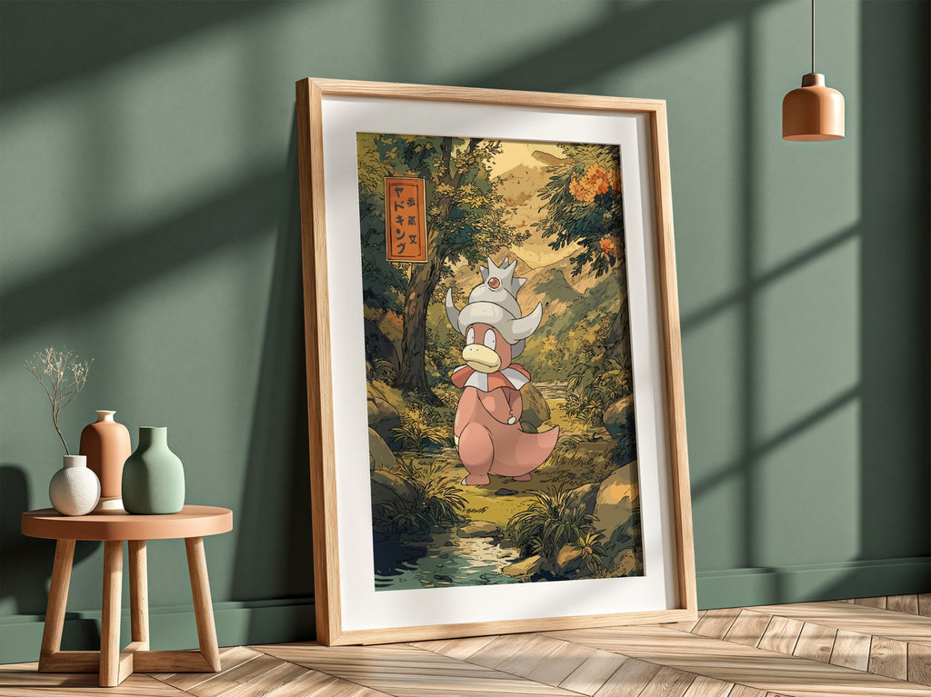 Slowking illustration poster with warm earthy tones and lush greenery in Japanese art style