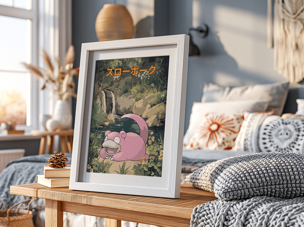 Slowpoke poster with pink character resting in green natural setting and Japanese text above