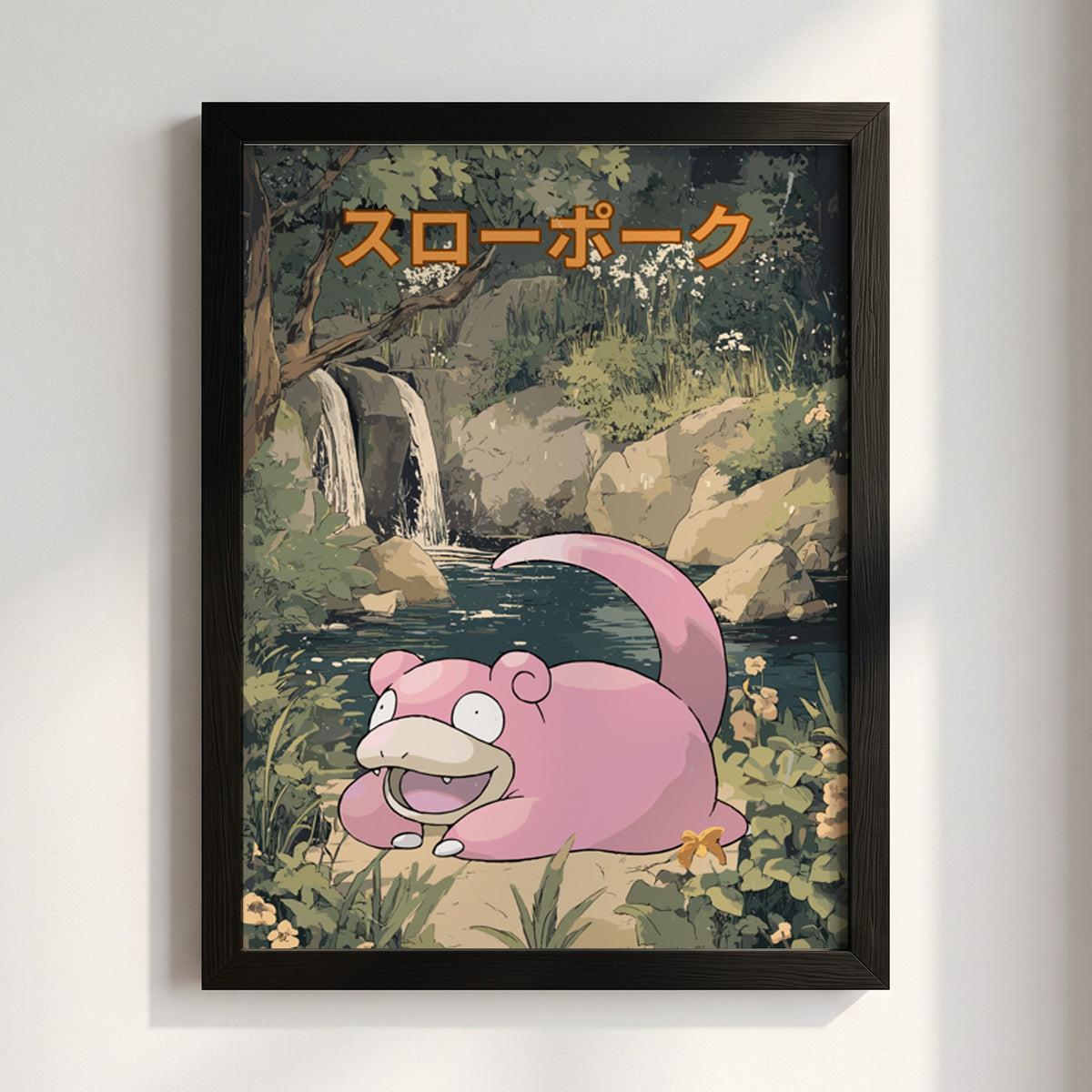 Slowpoke poster with pink character resting in green natural setting and Japanese text above