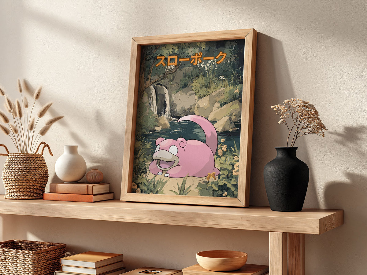 Slowpoke poster with pink character resting in green natural setting and Japanese text above