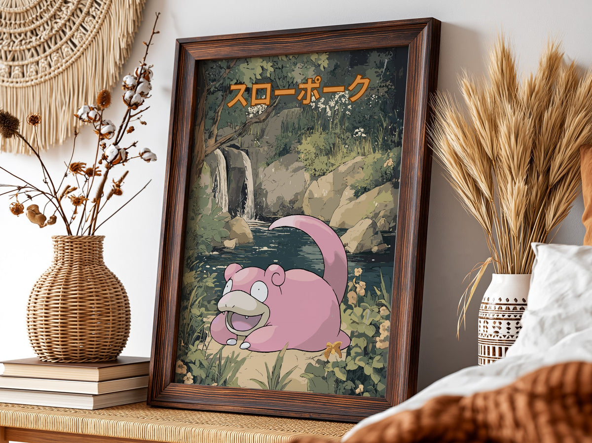 Slowpoke poster with pink character resting in green natural setting and Japanese text above