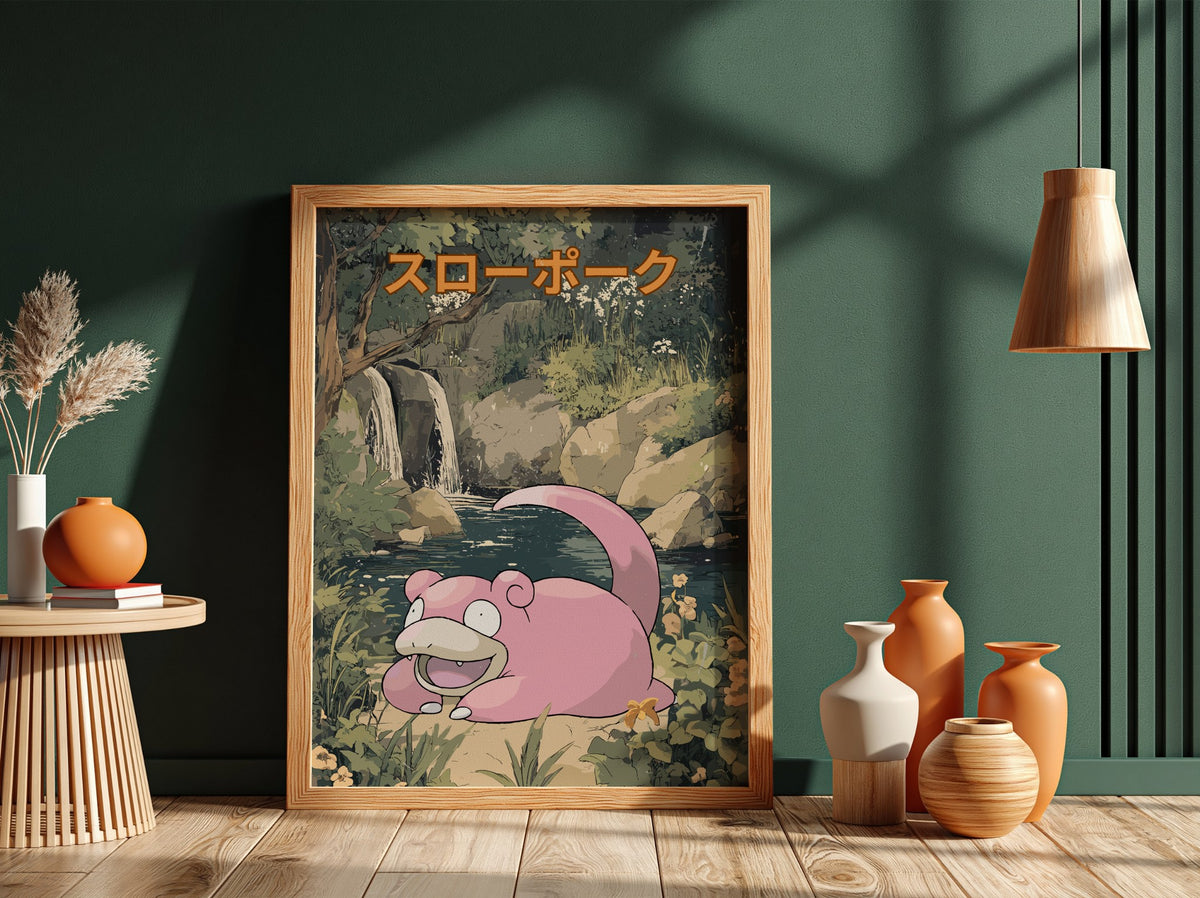 Slowpoke poster with pink character resting in green natural setting and Japanese text above