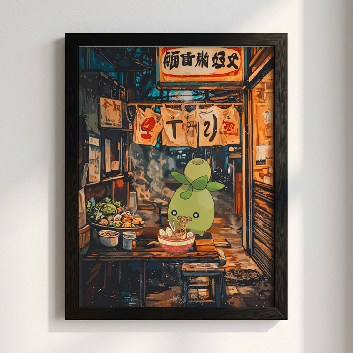 Poster of Smoliv character eating ramen in a warm orange and blue Japanese street night scene