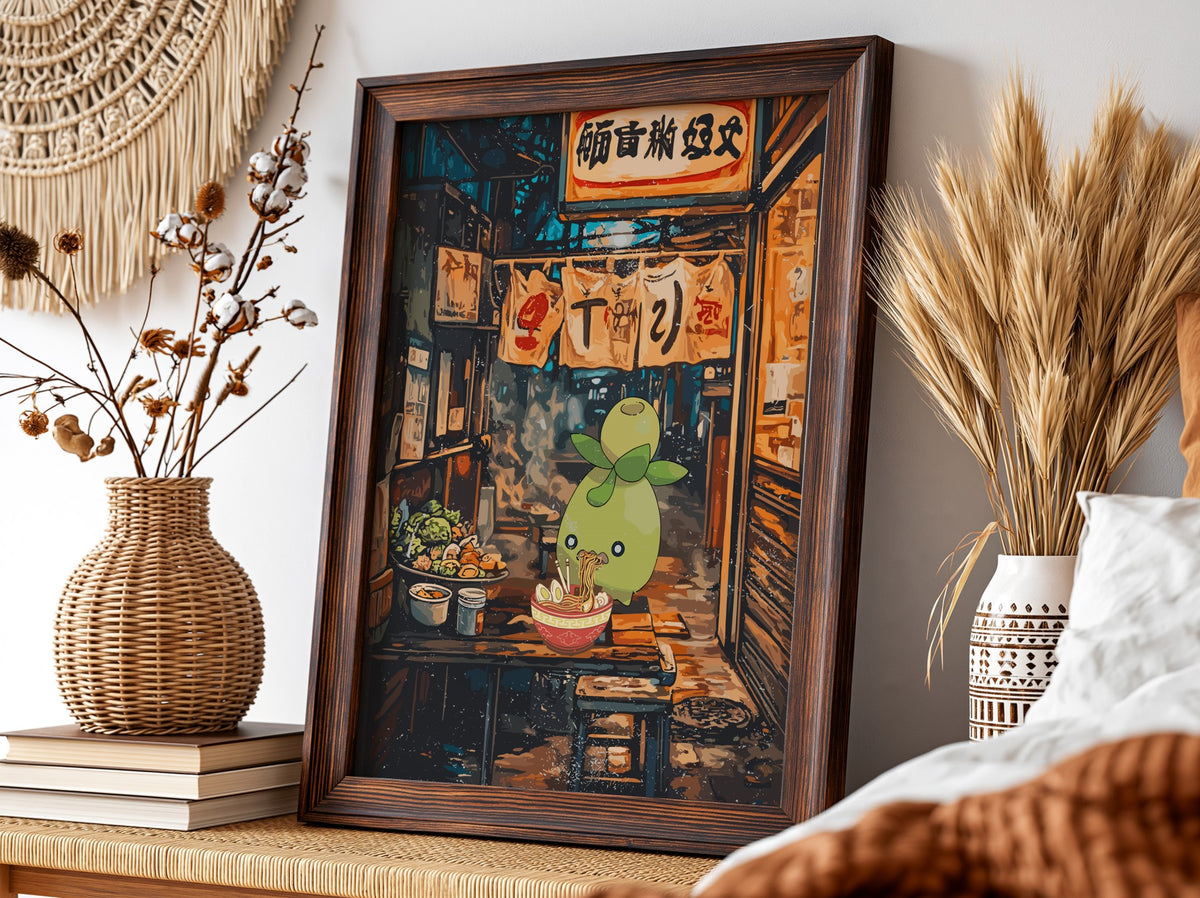 Poster of Smoliv character eating ramen in a warm orange and blue Japanese street night scene