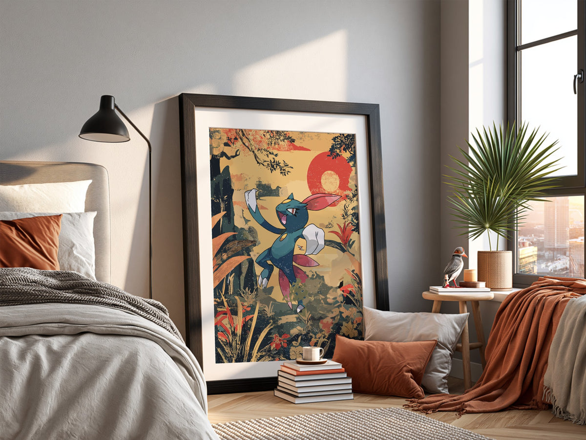 Poster featuring Sneasel character in retro style with warm earthy tones and red circular background