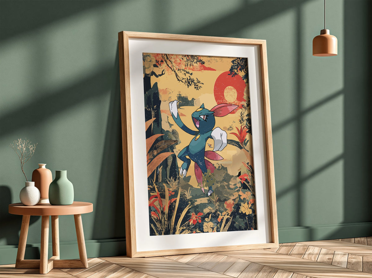 Poster featuring Sneasel character in retro style with warm earthy tones and red circular background