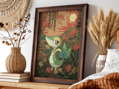 framed poster wall decor featuring snivy character with green, yellow and brown tones in vintage botanical