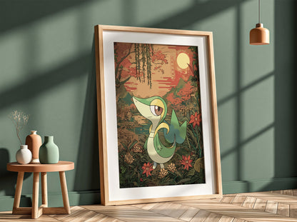 framed poster wall decor featuring snivy character with green, yellow and brown tones in vintage botanical