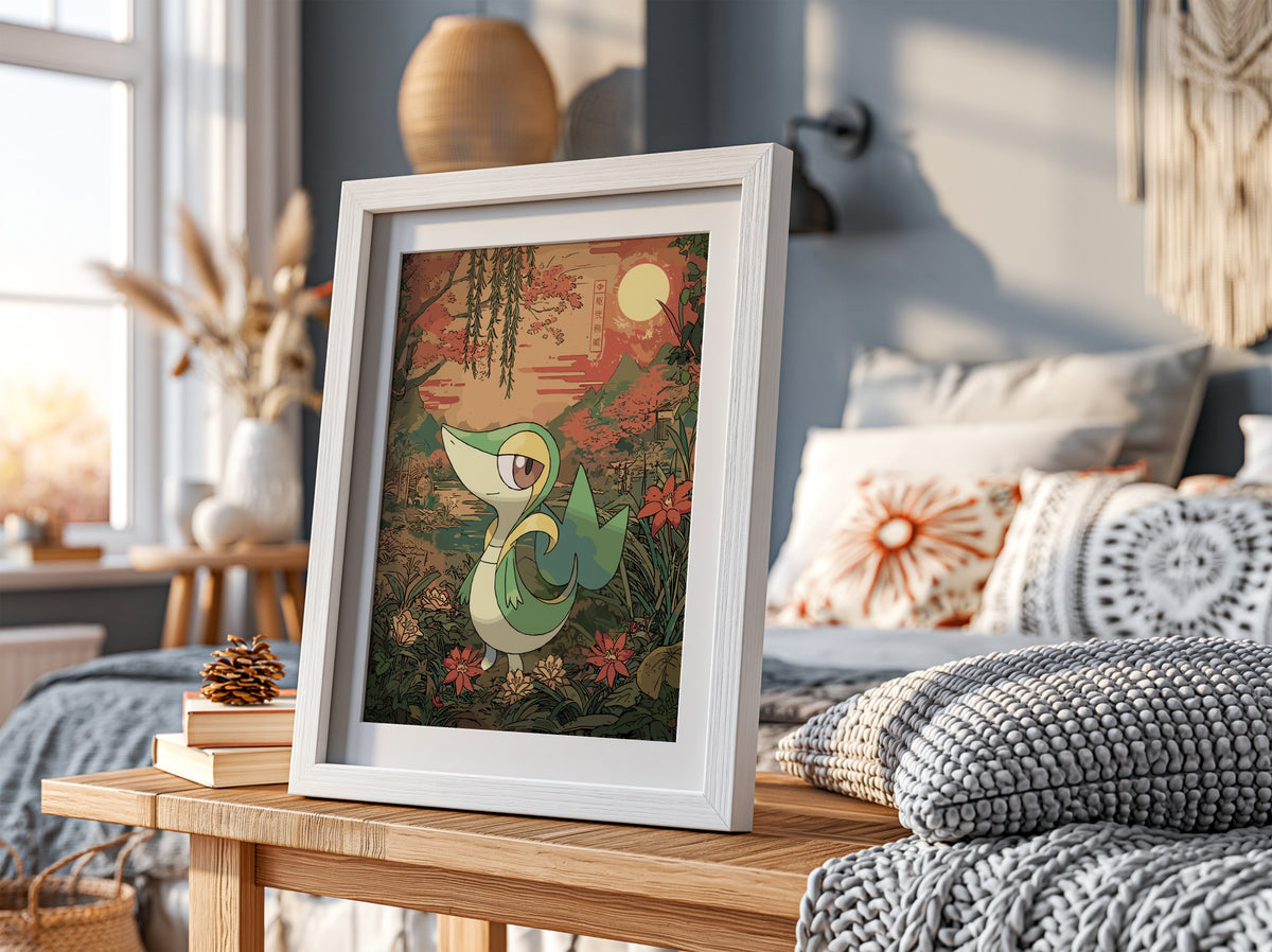 framed poster wall decor featuring snivy character with green, yellow and brown tones in vintage botanical