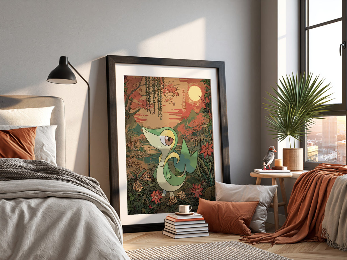 framed poster wall decor featuring snivy character with green, yellow and brown tones in vintage botanical