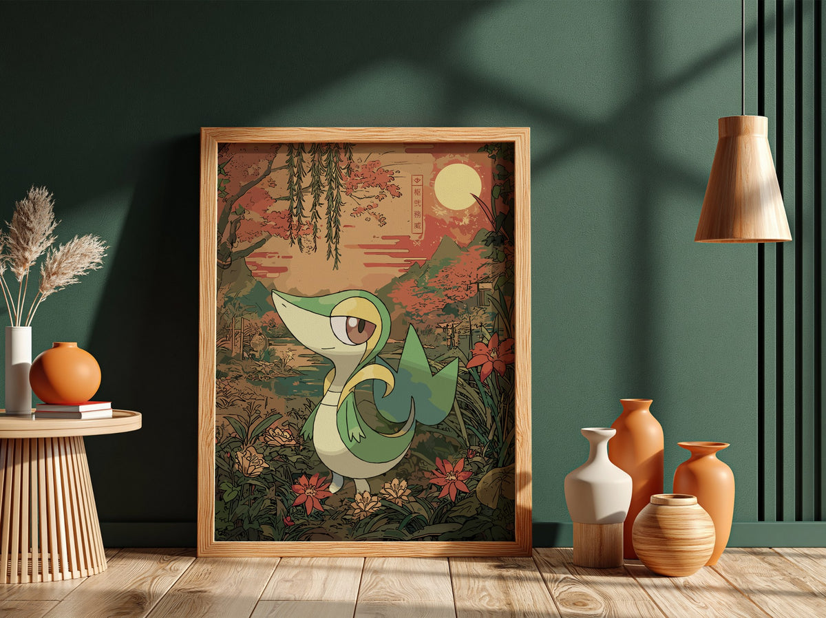framed poster wall decor featuring snivy character with green, yellow and brown tones in vintage botanical