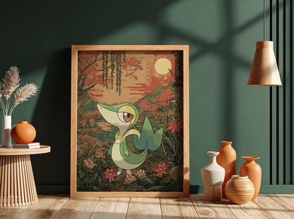 framed poster wall decor featuring snivy character with green, yellow and brown tones in vintage botanical