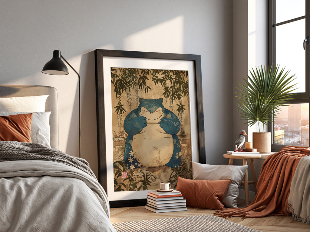 Snorlax character poster with blue and cream tones surrounded by bamboo and floral vintage style