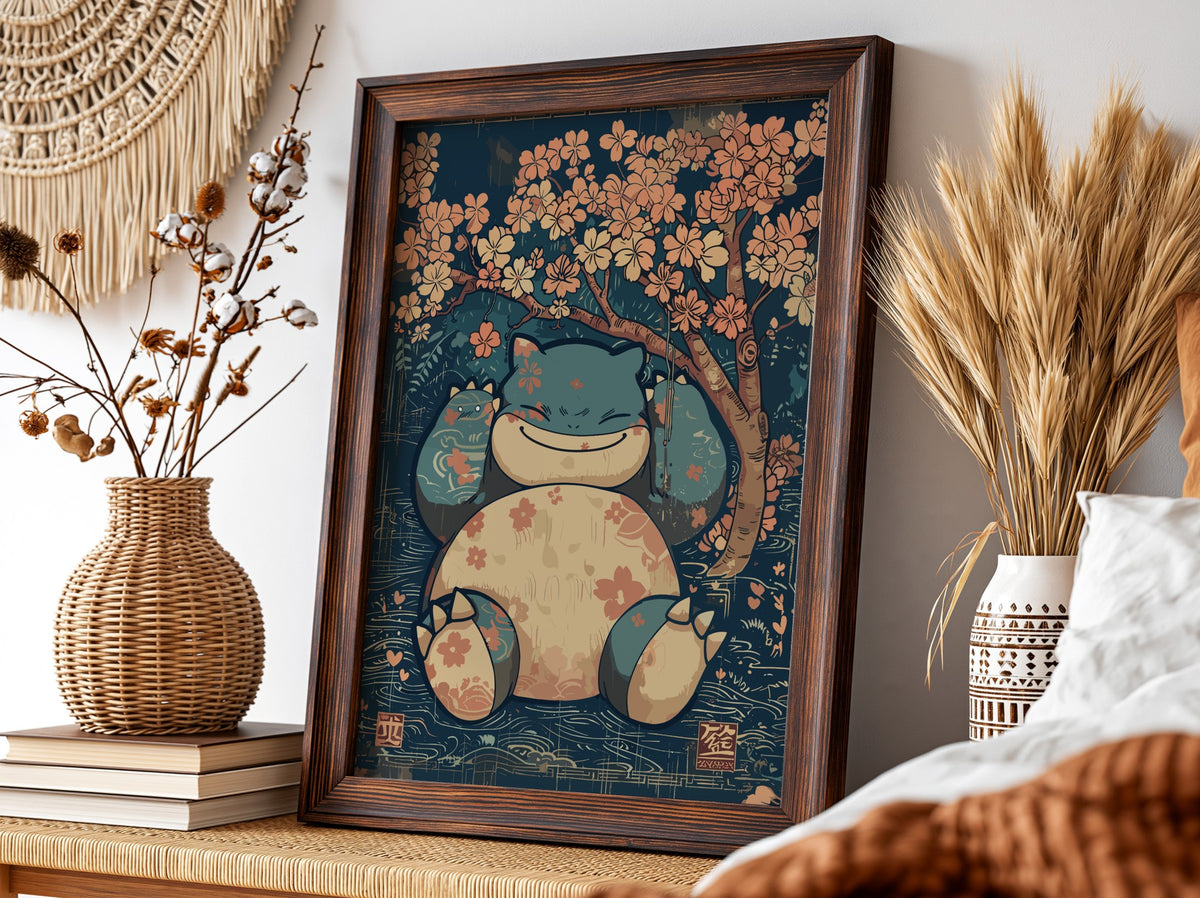 Poster of Snorlax 2 with muted blue and peach tones under cherry blossom tree in calm style