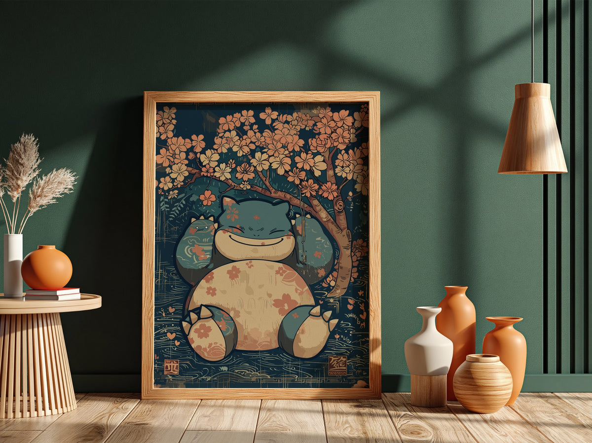 Poster of Snorlax 2 with muted blue and peach tones under cherry blossom tree in calm style