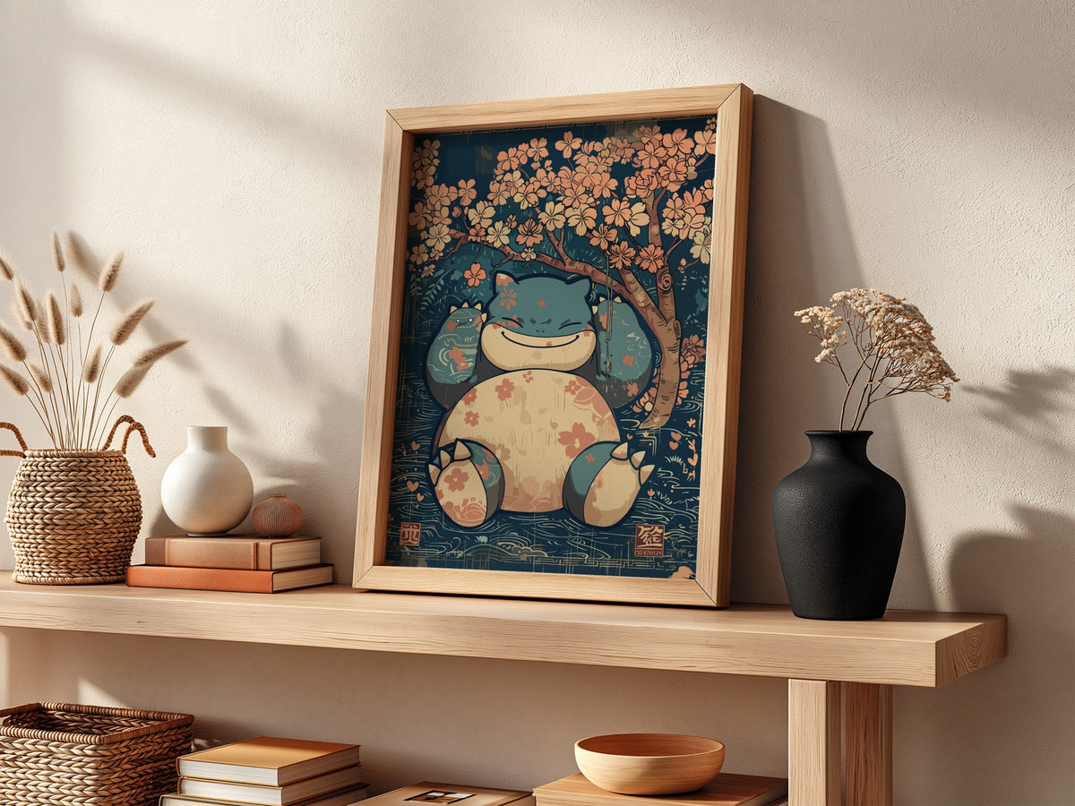 Poster of Snorlax 2 with muted blue and peach tones under cherry blossom tree in calm style