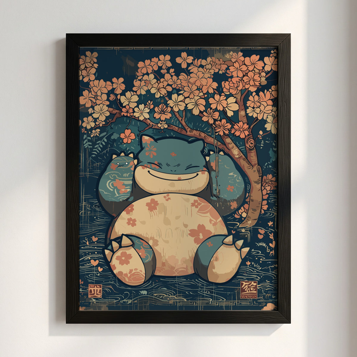 Poster of Snorlax 2 with muted blue and peach tones under cherry blossom tree in calm style