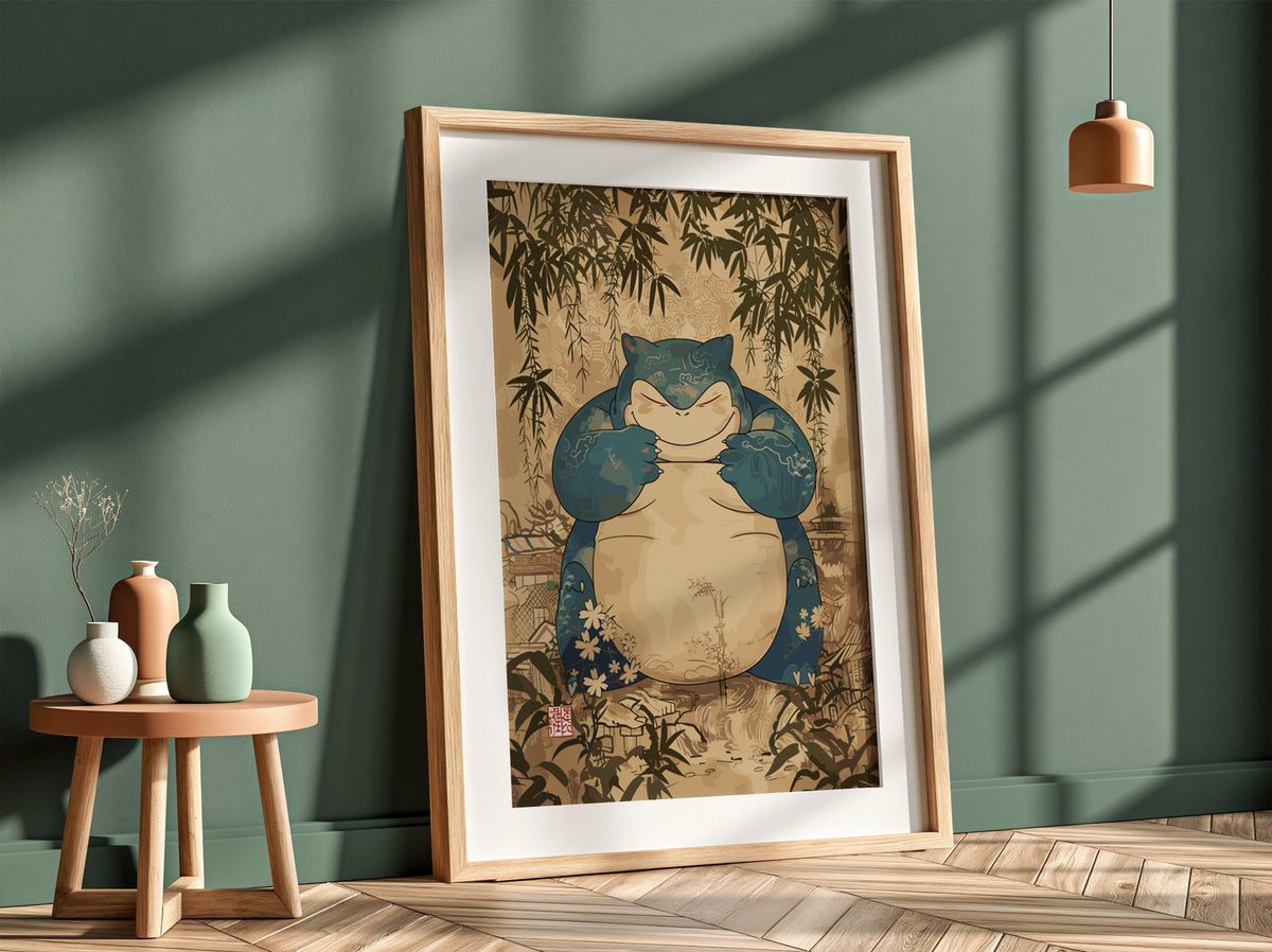 Snorlax character poster with blue and cream tones surrounded by bamboo and floral vintage style