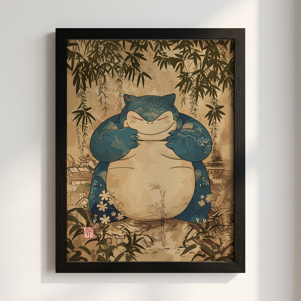 Snorlax character poster with blue and cream tones surrounded by bamboo and floral vintage style