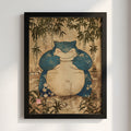 Snorlax character poster with blue and cream tones surrounded by bamboo and floral vintage style