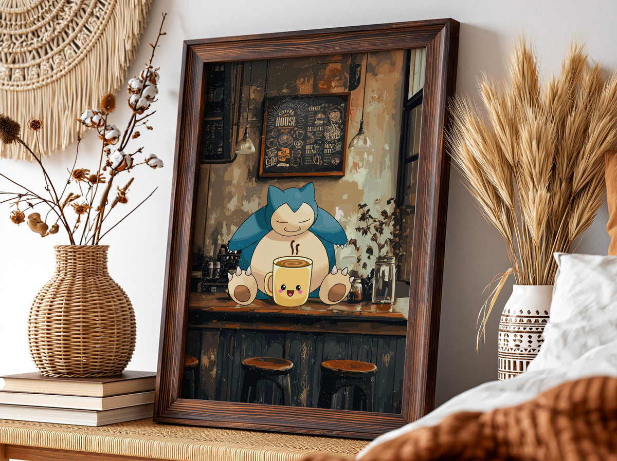 Snorlax coffee shop poster with cozy rustic tones featuring cartoon Snorlax and warm coffee cup