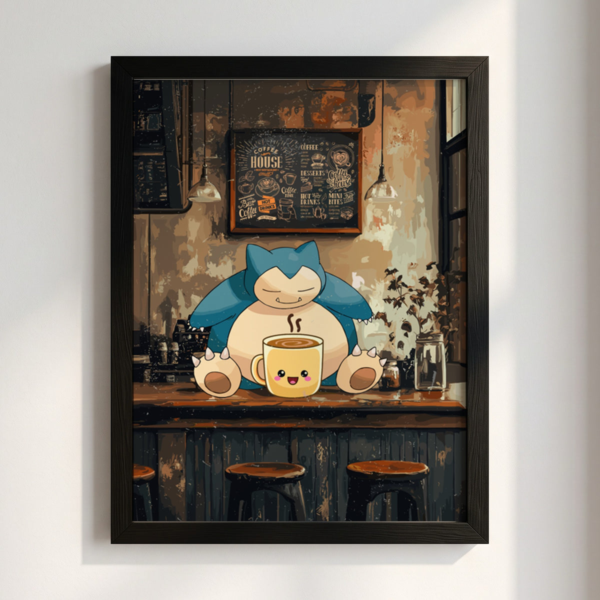 Snorlax coffee shop poster with cozy rustic tones featuring cartoon Snorlax and warm coffee cup