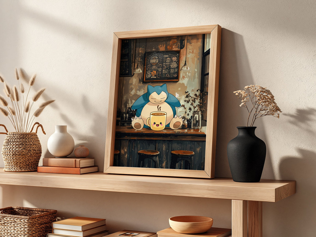 Snorlax coffee shop poster with cozy rustic tones featuring cartoon Snorlax and warm coffee cup