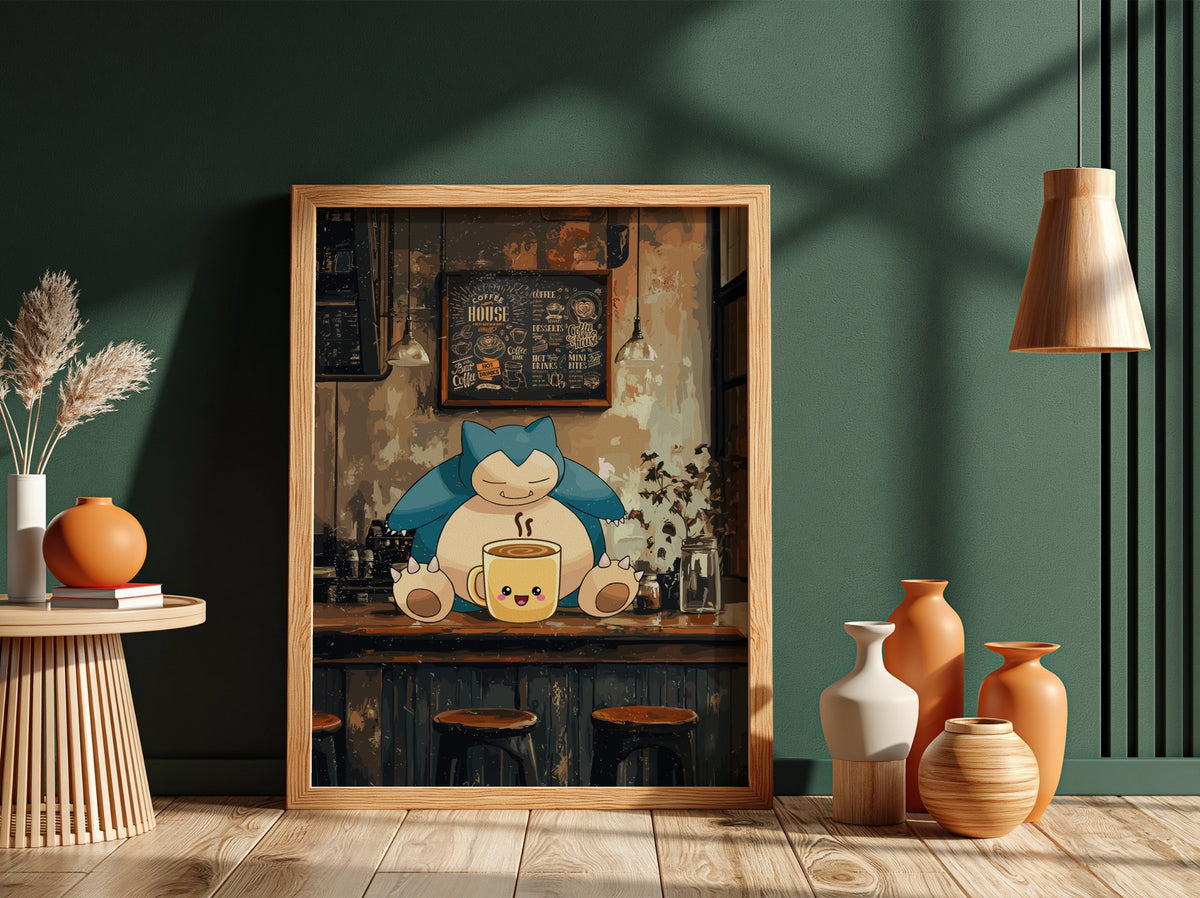 Snorlax coffee shop poster with cozy rustic tones featuring cartoon Snorlax and warm coffee cup