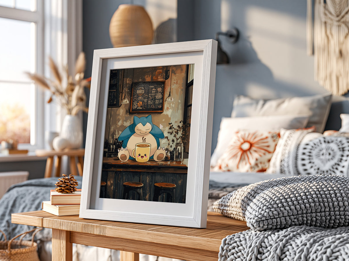 Snorlax coffee shop poster with cozy rustic tones featuring cartoon Snorlax and warm coffee cup